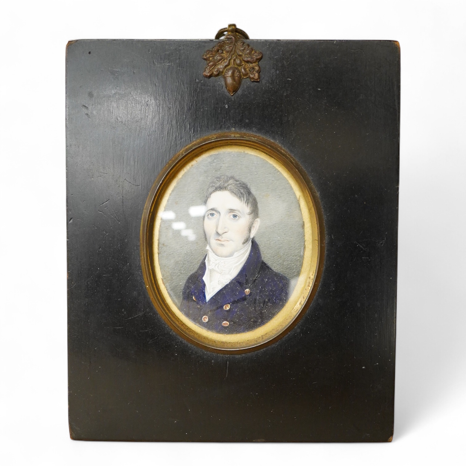 Manner of George Englehart, Portrait miniature of a gentleman, oval watercolour on ivory, housed in an ebonised frame, 7 x 5cm CITES Submission reference LBA9K1XS